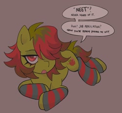 Size: 2048x1902 | Tagged: safe, artist:xxb4d_4ppl3xx, oc, oc only, oc:bad apple, earth pony, pony, bags under eyes, clothes, dialogue, dyed mane, dyed tail, female, hair over one eye, lidded eyes, looking at you, lying down, mare, neet, red eyes, socks, solo, speech, speech bubble, striped leg warmers, tail, talking, talking to viewer, text