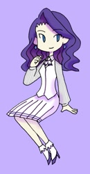 Size: 323x623 | Tagged: safe, artist:raito toko, rarity, human, g4, clothes, ear piercing, earring, female, high heels, humanized, jewelry, light skin, no nose, piercing, pleated skirt, purple background, shoes, simple background, sitting, skirt, smiling, socks, solo