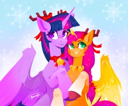 Size: 1280x1066 | Tagged: safe, artist:buvanybu, sunny starscout, twilight sparkle, alicorn, pony, g4, g5, abstract background, bell, bell collar, blush sticker, blushing, bow, braid, christmas, collar, colored hooves, duo, fake antlers, female, hair bow, holiday, looking at you, mare, partially open wings, race swap, raised hoof, smiling, smiling at you, sunny and her heroine, sunnycorn, twilight sparkle (alicorn), wings