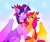 Size: 1280x1066 | Tagged: safe, artist:buvanybu, sunny starscout, twilight sparkle, alicorn, pony, g4, g5, abstract background, bell, bell collar, blush sticker, blushing, bow, braid, christmas, collar, colored hooves, duo, fake antlers, female, hair bow, holiday, looking at you, mare, partially open wings, race swap, raised hoof, smiling, smiling at you, sunny and her heroine, sunnycorn, twilight sparkle (alicorn), wings