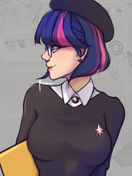 Size: 2400x3200 | Tagged: safe, artist:suracao, twilight sparkle, human, g4, alternate hairstyle, beret, blushing, bob, book, breasts, bust, busty twilight sparkle, clothes, cute, deviantart watermark, ear piercing, earring, female, glasses, gray background, hat, high res, humanized, jewelry, light skin, newspaper, obtrusive watermark, piercing, shirt, short hair, signature, simple background, smiling, solo, sweater, turned head, twiabetes, watermark
