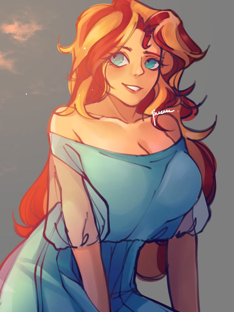 [big breasts,breasts,cleavage,clothes,dress,g4,grin,high res,human,humanized,safe,signature,simple background,solo,sunset shimmer,smiling,gray background,busty sunset shimmer,artist:suracao,see-through sleeves]