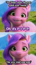 Size: 1088x1960 | Tagged: safe, edit, edited screencap, screencap, pipp petals, pegasus, pony, g5, my little pony: a new generation, embarrassed, female, grin, looking at you, mare, misspelling, offscreen character, smiling