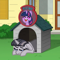 Size: 680x680 | Tagged: safe, artist:nootaz, twilight sparkle, pony, unicorn, g4, ^^, behaving like a dog, crying, discorded, discorded twilight, doghouse, eyes closed, family guy, floppy ears, go to your peter house, grounded, lying down, meme, open mouth, open smile, prone, sad, smiling, solo, teeth, twilight dog, unicorn twilight