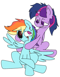 Size: 772x1000 | Tagged: safe, artist:thedangbooper, rainbow dash, twilight sparkle, oc, oc:grumeshed, alicorn, pegasus, skinwalker, g4, alternate hairstyle, blood, broken horn, duo, duo female, female, hoof on cheek, horn, lesbian, looking at each other, looking at someone, nervous, ship:twidash, shipping, simple background, spread wings, transparent background, twilight sparkle (alicorn), wings