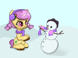 Size: 4000x3000 | Tagged: safe, artist:dumbwoofer, molly blossom, pony, unicorn, g5, carrot, clothes, cute, earmuffs, female, filly, foal, food, glowing, glowing horn, horn, magic, magic aura, pigtails, scarf, sitting, smiling, snow, snowman, solo, telekinesis, unshorn fetlocks, winter