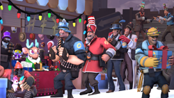 Size: 3840x2160 | Tagged: safe, artist:pika-robo, cap (tfh), cashmere (tfh), deer, human, reindeer, winter sprite, them's fightin' herds, 3d, cap'n'cash's, community related, crossover, excited, group, hat, heavy (tf2), high res, medic, medic (tf2), minicash, minivelvet, minivixen, minizona, now kiss, present, pyro (tf2), scout (tf2), shop, sniper, sniper (tf2), soldier, soldier (tf2), source filmmaker, team fortress 2, tiny desk engineer, top hat