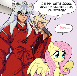 Size: 900x888 | Tagged: safe, artist:arxielle, fluttershy, demon, pegasus, pony, g4, anime, crossover, dialogue, female, i think we're gonna have to kill this guy, inuyasha, inuyasha (character), male, mare, meme, partially open wings, simple background, swearyshy, tetsusaiga, wings