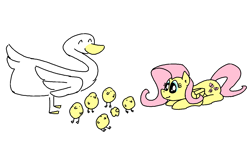 Size: 1340x860 | Tagged: safe, artist:purblehoers, fluttershy, bird, duck, pegasus, pony, g4, amogus, among us, birb, female, happy, lying down, mare, meme, ms paint, round, simple background, smiling, white background