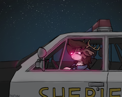 Size: 2204x1753 | Tagged: safe, artist:reddthebat, oc, oc only, oc:jane doe, deer, car, deer oc, glowing nose, lidded eyes, night, non-pony oc, police car, police officer, red nose, solo
