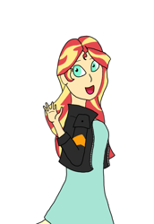 Size: 515x750 | Tagged: safe, artist:nightfallgloam, sunset shimmer, human, equestria girls, g4, clothes, cute, dress, jacket, looking at you, looking back, looking back at you, open mouth, open smile, simple background, smiling, solo, waving, waving at you, white background
