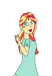 Size: 515x750 | Tagged: safe, alternate version, artist:nightfallgloam, sunset shimmer, human, equestria girls, g4, clothes, cute, dress, looking at you, looking back, looking back at you, open mouth, open smile, simple background, smiling, solo, waving, waving at you, white background