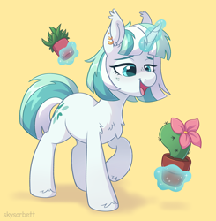 Size: 1926x1965 | Tagged: oc name needed, safe, artist:skysorbett, oc, oc only, pony, unicorn, cactus, chest fluff, ear piercing, earring, eyebrows, female, flower pot, freckles, glowing, glowing horn, horn, jewelry, levitation, lidded eyes, magic, magic aura, mare, open mouth, open smile, piercing, plant, simple background, smiling, solo, telekinesis, unicorn oc