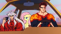 Size: 1278x715 | Tagged: safe, artist:arxielle, fluttershy, demon, human, pegasus, pony, g4, a goofy movie, car, car interior, crossover, driving, endeavor, female, floppy ears, frown, goofy movie meme, inuyasha, inuyasha (character), mare, meme, my hero academia, todoroki enji, unamused