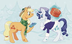 Size: 1631x987 | Tagged: safe, artist:beyhr, applejack, rarity, earth pony, pony, unicorn, g4, blush scribble, blushing, clothes, coat, female, heart, hearth's warming, hoof hold, lesbian, levitation, looking at each other, looking at someone, magic, mare, present, scarf, ship:rarijack, shipping, smiling, smiling at each other, telekinesis