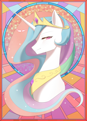 Size: 2000x2800 | Tagged: safe, artist:jijizi, princess celestia, alicorn, pony, equestria at war mod, g4, bust, female, high res, jewelry, looking at you, mare, nimbus, passepartout, peytral, portrait, profile, regalia, solo, stained glass