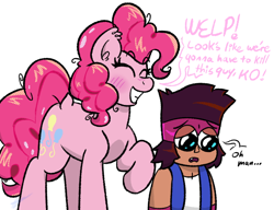 Size: 650x500 | Tagged: safe, artist:aj flame ss6, pinkie pie, earth pony, human, pony, g4, blushing, dialogue, duo, eyes closed, female, i think we're gonna have to kill this guy, k.o. (ok k.o.!), mare, meme, ok ko let's be heroes, simple background, speech bubble, white background