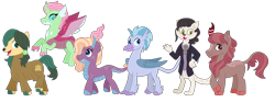 Size: 3400x1264 | Tagged: safe, artist:miss-barker, oc, oc only, oc:bright star, oc:crimson blossom, oc:ladybird, oc:periwinkle, oc:saul, oc:shoreline, abyssinian, dracony, dragon, hippogriffon, hybrid, kirin, yakony, g4, adopted offspring, female, group, interspecies offspring, magical lesbian spawn, male, offspring, parent:aunt holiday, parent:auntie lofty, parent:gallus, parent:mina, parent:ocellus, parent:sandbar, parent:silverstream, parent:smolder, parent:star tracker, parent:yona, parents:gallstream, parents:smolcellus, parents:yonabar, simple background, transparent background