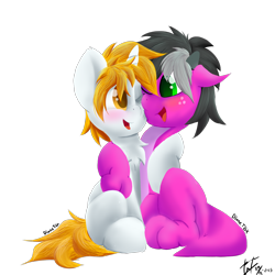 Size: 2048x2048 | Tagged: safe, artist:dianetgx, oc, oc only, oc:axle bright, oc:diane tgx, dracony, dragon, hybrid, pony, unicorn, 2024 community collab, derpibooru community collaboration, blushing, couple, duo, female, high res, horn, husband and wife, looking at each other, looking at someone, male, signature, simple background, sitting, smiling, transparent background