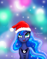 Size: 2480x3068 | Tagged: safe, artist:user-fox, princess luna, alicorn, pony, g4, christmas, female, filly, foal, happy new year, hat, high res, holiday, new year, santa hat, solo