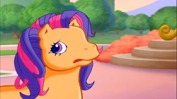 Size: 2298x1290 | Tagged: safe, scootaloo (g3), earth pony, g3, meet the ponies, ashamed, cute, embarrassed, g3 cutealoo, solo
