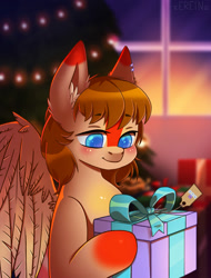 Size: 1522x2000 | Tagged: safe, artist:erein, oc, oc only, oc:erin rorien, pegasus, pony, blue eyes, blushing, brown mane, bust, chibi, christmas, christmas lights, christmas presents, christmas tree, commission, cute, ear piercing, ears up, female, garland, holiday, icon, indoors, pegasus oc, piercing, portrait, present, room, smiling, solo, string lights, tree, window, wings, ych result