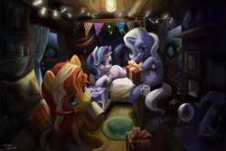 Size: 6000x4000 | Tagged: safe, artist:flvski, starlight glimmer, sunset shimmer, trixie, pony, unicorn, g4, absurd file size, absurd resolution, christmas wreath, clothes, crystal ball, female, hat, horn, looking at you, lying down, mare, mug, pillow, present, prone, sitting, smiling, trio, trio female, trixie's hat, trixie's wagon, wagon, wreath