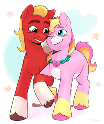 Size: 3474x4132 | Tagged: safe, artist:daisy_marshmallow, sprout cloverleaf, oc, oc:malarkey, earth pony, pony, g5, art trade, canon x oc, cute, duo, jewelry, looking at each other, looking at someone, male, necklace, shipping, smiling, smiling at each other, stallion, unshorn fetlocks