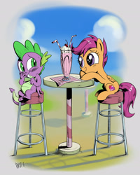 Size: 1638x2048 | Tagged: safe, artist:brdte, scootaloo, spike, dragon, pegasus, pony, g4, commission, drink, duo, female, filly, foal, looking at each other, looking at someone, male, milkshake, ship:scootaspike, shipping, sitting, straight, winged spike, wings