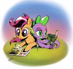 Size: 2048x1934 | Tagged: safe, artist:brdte, mane-iac, scootaloo, spike, dragon, pegasus, pony, g4, comic, comic book, commission, duo, female, filly, foal, lying down, male, power ponies, prone, reading, ship:scootaspike, shipping, sitting, smiling, straight, winged spike, wings