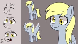 Size: 1920x1080 | Tagged: safe, artist:makaryo, derpy hooves, pegasus, pony, g4, expressions, eyebrows, eyebrows visible through hair, female, mare, reference sheet, simple background, smiling, solo, spread wings, wings