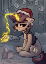 Size: 1026x1400 | Tagged: safe, artist:breakdream, king sombra, oc, oc only, oc:lavrushka, unicorn, christmas, female, hat, holiday, merry christmas, party horn, santa hat, solo