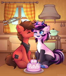 Size: 2600x3000 | Tagged: safe, artist:madelinne, oc, oc only, oc:katon ora, oc:purple mayflower, earth pony, pony, birthday cake, cake, carpet, duo, earth pony oc, food, high res, kitchen, window