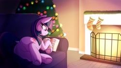 Size: 3840x2160 | Tagged: safe, artist:lockheart, twilight sparkle, pony, unicorn, g4, book, butt, christmas, christmas stocking, christmas tree, dock, featureless crotch, female, fireplace, high res, holiday, implied anon, mare, plot, reading, solo, tail, tree, twibutt, unicorn twilight
