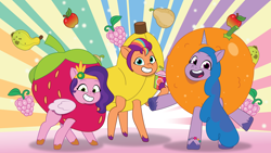 Size: 2400x1350 | Tagged: safe, artist:prixy05, izzy moonbow, pipp petals, sunny starscout, earth pony, pegasus, pony, unicorn, g5, my little pony: tell your tale, apple, banana costume, clothes, costume, drink, female, food, food costume, fruit costume, kiwipaya, mane stripe sunny, mare, orange costume, pearnana, razzleberry, smoothie, strawberry costume, trio, trio female