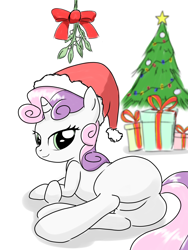 Size: 1536x2048 | Tagged: safe, artist:tstone, sweetie belle, pony, unicorn, g4, bedroom eyes, blank flank, butt, christmas, christmas tree, featureless crotch, hat, holiday, implied foalcon, looking at you, looking back, looking back at you, lying down, mistletoe, plot, present, santa hat, simple background, solo, sweetie butt, tree, white background