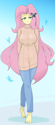 Size: 1873x4222 | Tagged: safe, artist:batipin, fluttershy, human, equestria girls, g4, barefoot, big breasts, breasts, busty fluttershy, butterfly hairpin, clothes, feet, female, looking at you, missing shoes, solo, stupid sexy fluttershy, sweater, sweater puppies, sweatershy, toes