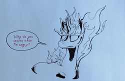 Size: 2838x1835 | Tagged: safe, artist:darkhestur, oc, oc only, oc:storm reaper, kirin, nirik, annoyed stare, dialogue, fire, horn, monochrome, simple background, speech bubble, traditional art, white background