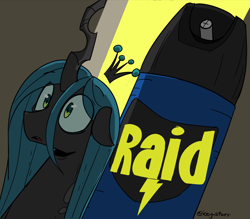 Size: 2168x1900 | Tagged: safe, artist:icey, queen chrysalis, changeling, changeling queen, g4, adorable distress, bug spray, bugs doing bug things, cute, female, kills bugs dead, raid, scared, silly, solo, this will end in death, this will end in pain
