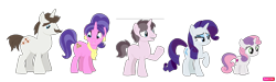 Size: 1919x576 | Tagged: safe, artist:batmuties, artist:selenaede, cookie crumbles, hondo flanks, rarity, sweetie belle, oc, oc:rugby pizelle, pony, unicorn, g4, base used, father and child, father and daughter, father and son, female, filly, foal, group, male, mare, mother and child, mother and daughter, mother and son, offspring, parent:cookie crumbles, parent:hondo flanks, parents:cookieflanks, simple background, stallion, transparent background