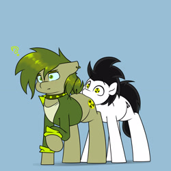 Size: 2048x2048 | Tagged: safe, artist:vipy, oc, oc only, oc:sludge, oc:vipy, earth pony, pony, biting, blue background, butt bite, high res, question mark, simple background