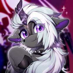 Size: 1500x1500 | Tagged: safe, artist:swaybat, oc, oc only, oc:jinx kurai, kirin, pony, abstract background, bust, clothes, cloven hooves, collar, cute, eye clipping through hair, female, heart, horn, kirin oc, looking at you, magic, portrait, scales, smiling, smiling at you, tattoo