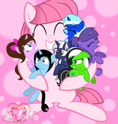 Size: 1741x1837 | Tagged: safe, artist:muhammad yunus, oc, oc:ankie, oc:annisa trihapsari, oc:cool breeze, oc:kok ada, oc:rosie pink, oc:teahie, oc:violetta cuddles belle, alicorn, dracony, dragon, earth pony, hybrid, pony, unicorn, series:the guardian of leadership, base used, bow, eyepatch, eyes closed, female, floppy ears, giant pony, grin, group, hair bow, happy, hug, macro, mare, one eye closed, pink background, ponytail, simple background, smiling, watermark