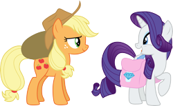 Size: 4858x3000 | Tagged: safe, artist:cloudy glow, applejack, rarity, earth pony, pony, unicorn, g4, trade ya!, .ai available, bag, duo, duo female, female, mare, open mouth, raised hoof, saddle bag, simple background, transparent background, vector