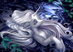 Size: 3700x2650 | Tagged: safe, artist:ryusya, oc, high res, horn, long hair, long horn, lying down, nature, pond, solo, water