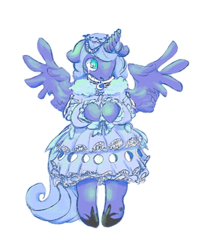 Size: 446x563 | Tagged: safe, artist:phasdraw, princess luna, alicorn, semi-anthro, g4, arm hooves, clothes, dress, shy, solo, spread wings, teary eyes, wings
