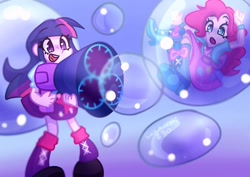 Size: 1754x1240 | Tagged: safe, artist:lunawolfgirl1830, pinkie pie, twilight sparkle, equestria girls, g4, :o, bubble, bubble gun, eyebrows, eyebrows visible through hair, female, gradient background, in bubble, open mouth, open smile, pinkie pie trapped in a bubble, smiling, teeth