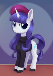 Size: 1736x2480 | Tagged: safe, artist:dusthiel, rarity, pony, unicorn, g4, beatnik rarity, beret, clothes, female, hat, horn, looking at you, mare, smiling, smiling at you, solo, sweater