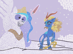 Size: 8196x6144 | Tagged: safe, artist:felisamafeles, princess celestia, oc, unnamed oc, kirin, pony, cloud, cute, digital art, glitter, kirin oc, pointillism, snow, snowfall, snowpony