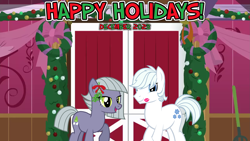Size: 2063x1161 | Tagged: safe, anonymous artist, artist:destroyerpony, artist:kuren247, artist:somepony, double diamond, limestone pie, earth pony, g4, 2023, barn, christmas, december, decoration, female, happy holidays, hearth's warming, holiday, kiss mark, limediamond, lipstick, lyrics in the description, male, mare, mistletoe, shipping, smiling, song in the description, stallion, straight, when she smiles, wreath, youtube link in the description